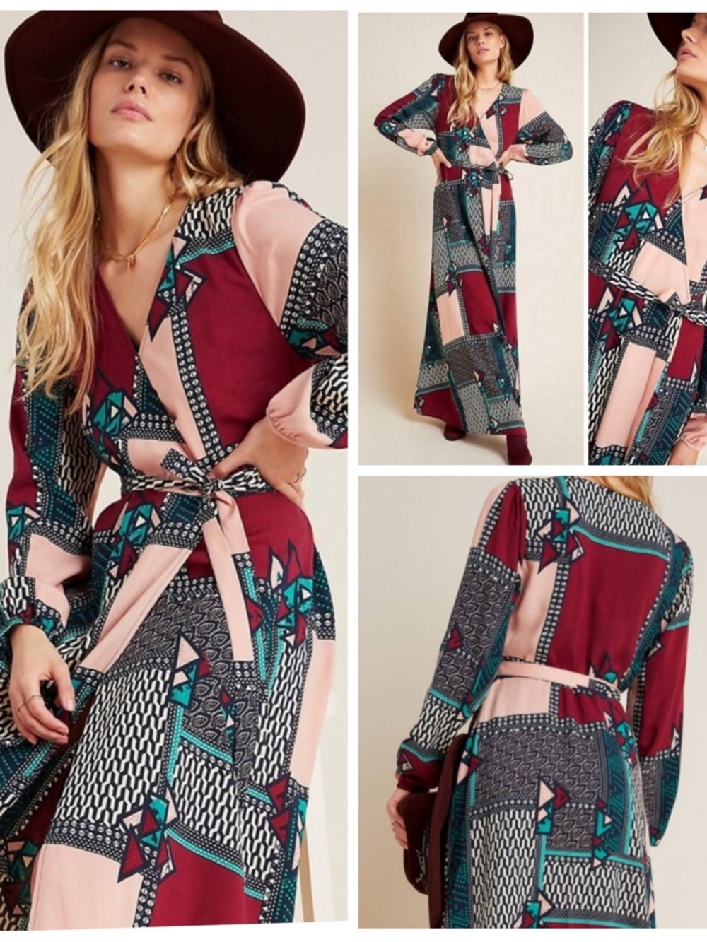 Anthropologie Porridge Burgundy, Blush & Teal Patchwork Wrap Maxi Dress
